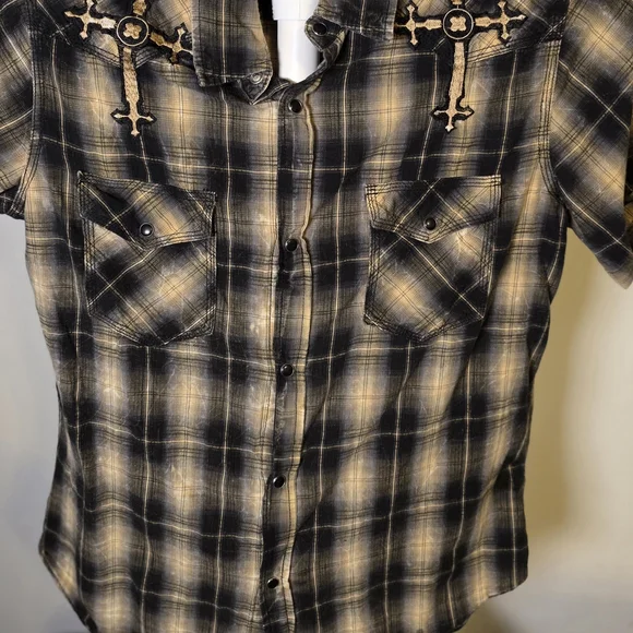 POP ICON CLOTHING Black and Cream Plaid Shirt with Cross Embroidery - Picture 2 of 11